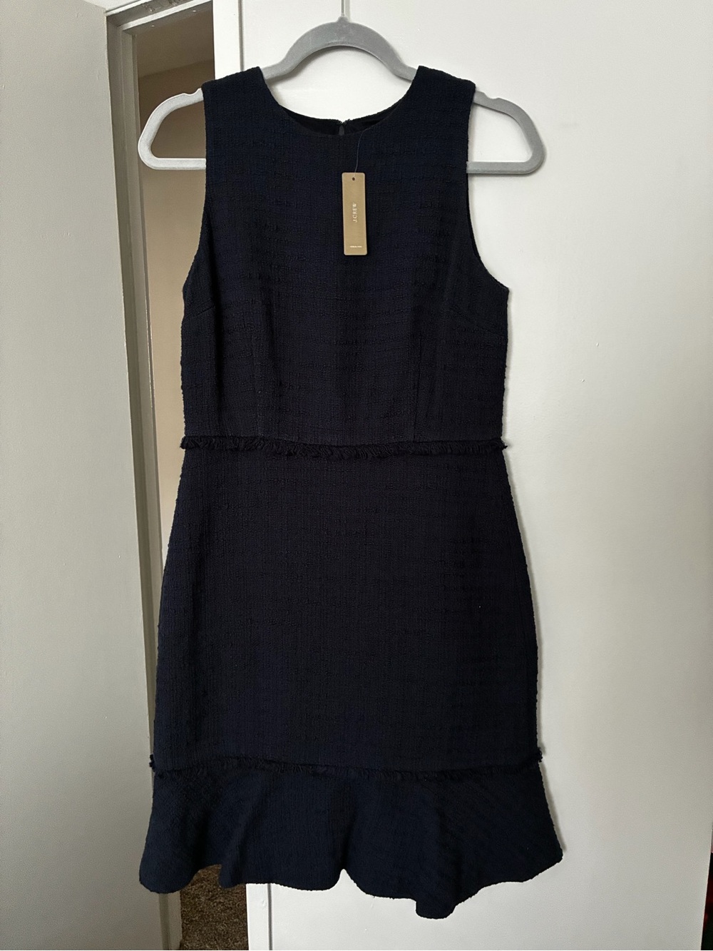 J. Crew Navy Sleeveless Textured Sheath Dress with Ruffle Hem